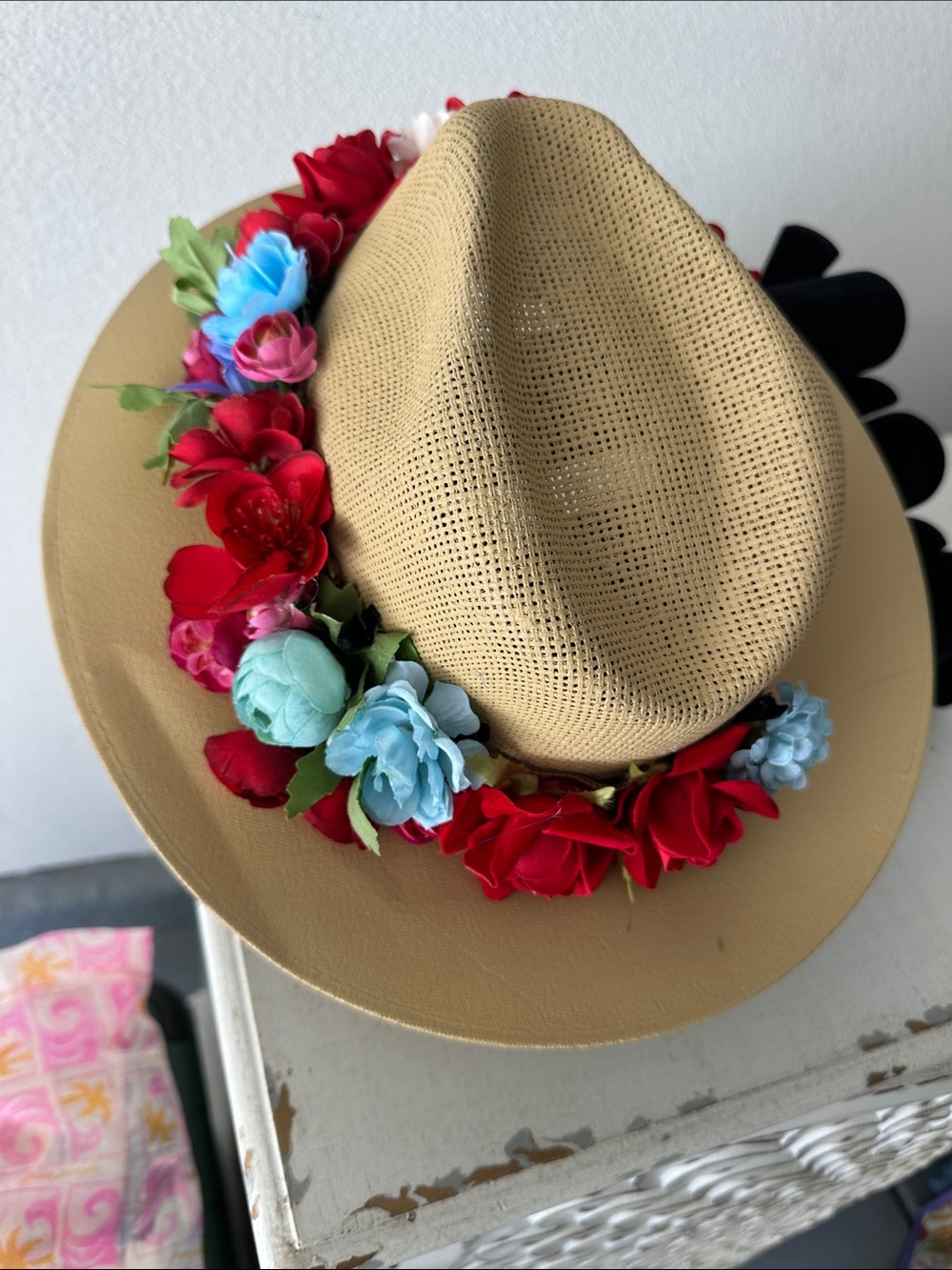 Straw Fedora Hat with Red & Blue Floral Trim